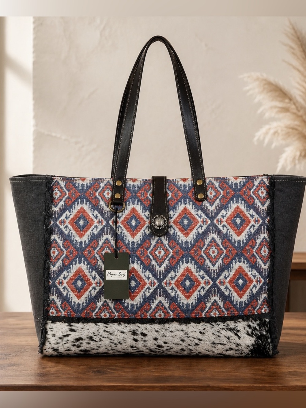 Weekender Bag Myra Canvas Leather  XL Cowhide Travel Duffel Western Boho Tribal